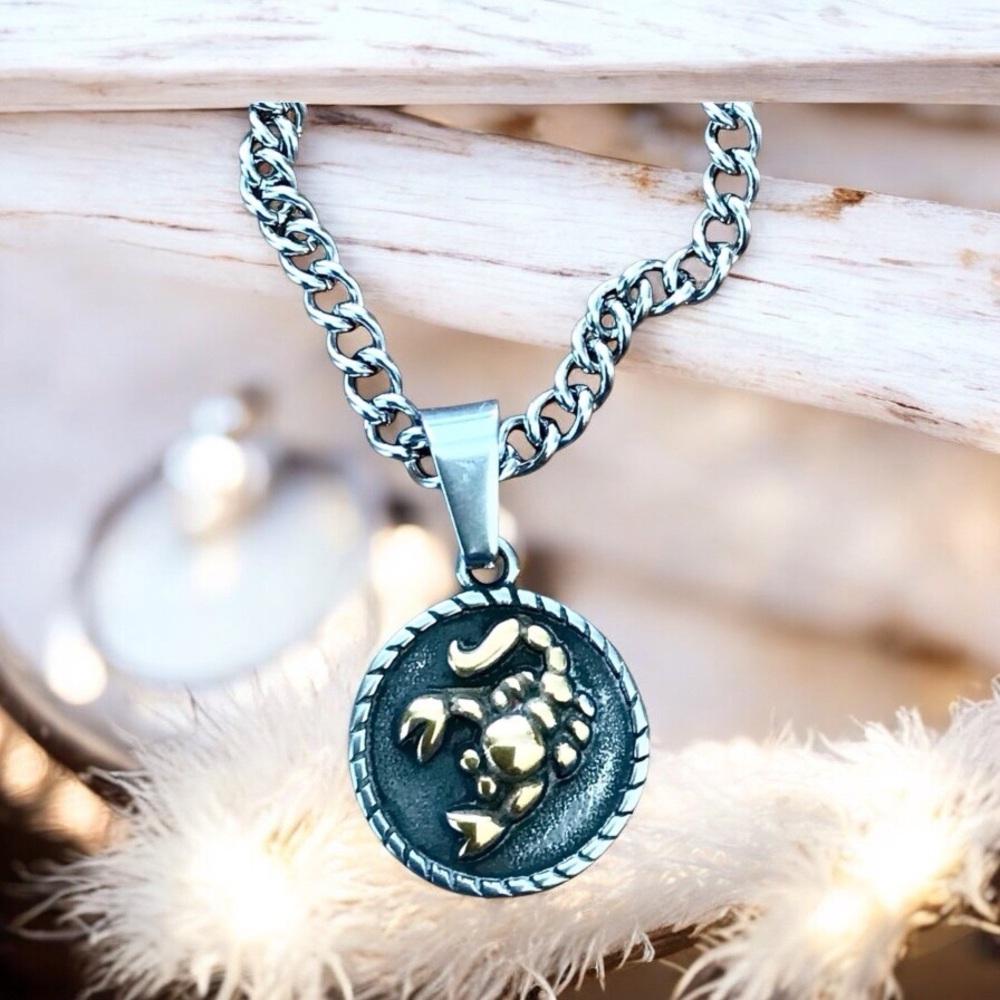 🆕 Scorpio Rustic Coin Pendant Necklace Stainless Steel